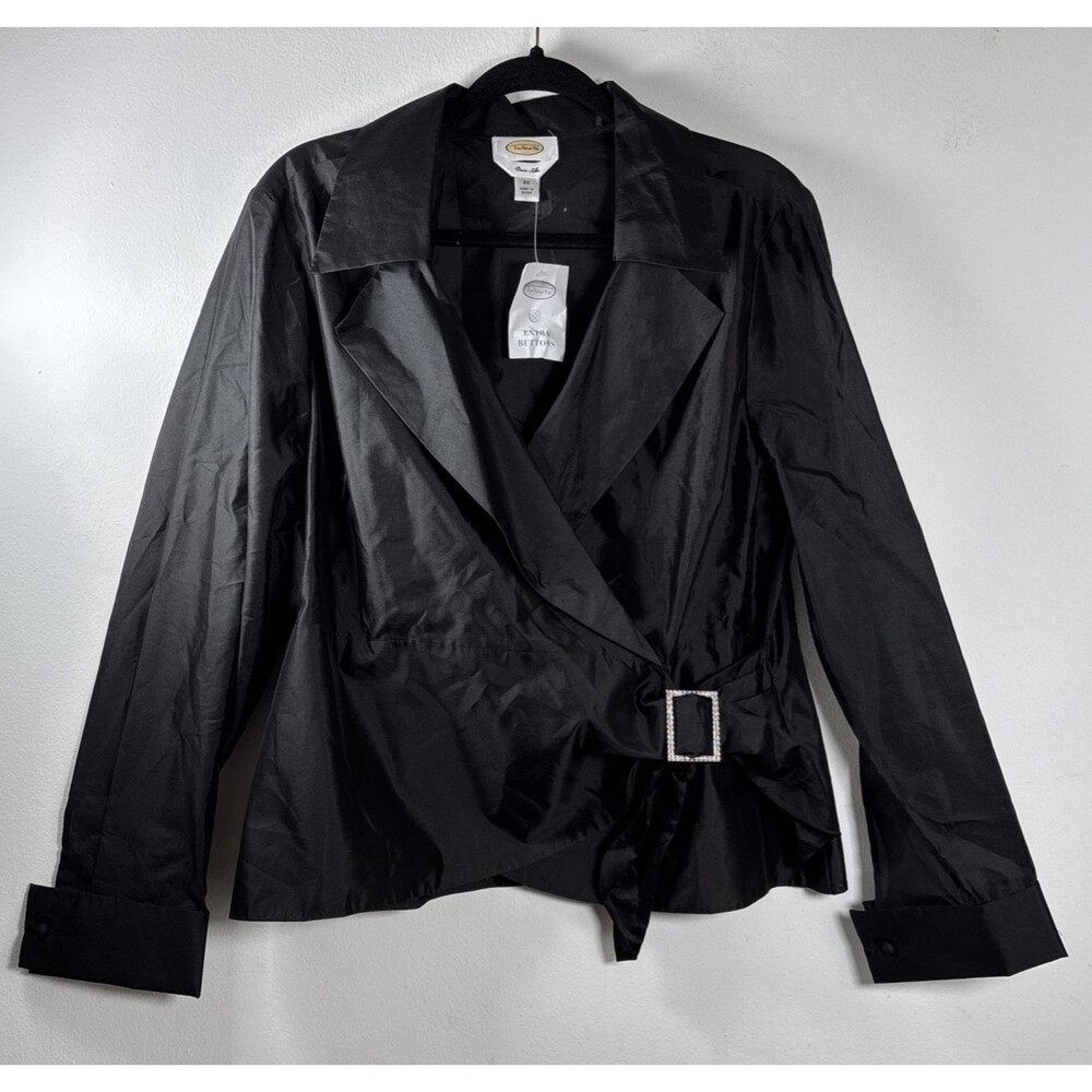 Talbots Pure Silk Black Wrap Jacket Size 20 Belted Peplum Career Chic